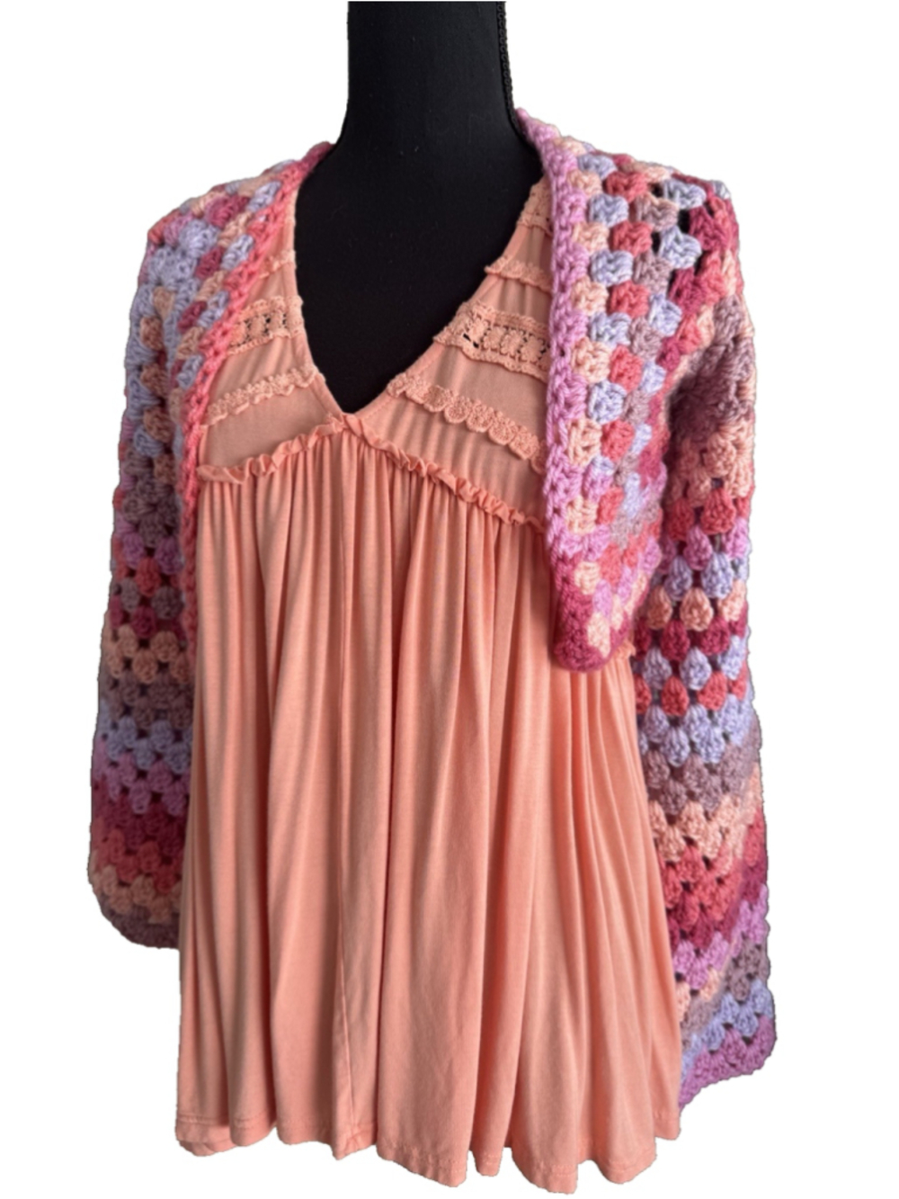 POL S Small Top & Crochet Cardigan Sweater Set Orange Pink Purple Swing Open